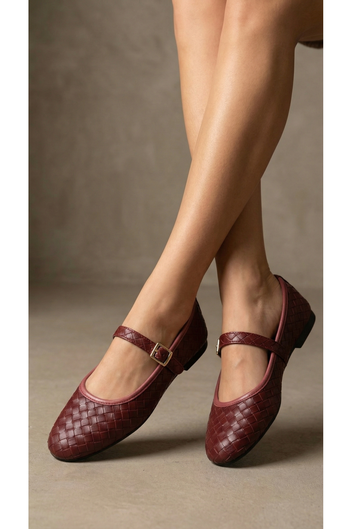 Beyond   Kadın Bordo Tokalı Örgü Desenli Mary Jane Babet Ayakkabı 1cm BYNDBTG01 - Görsel 4