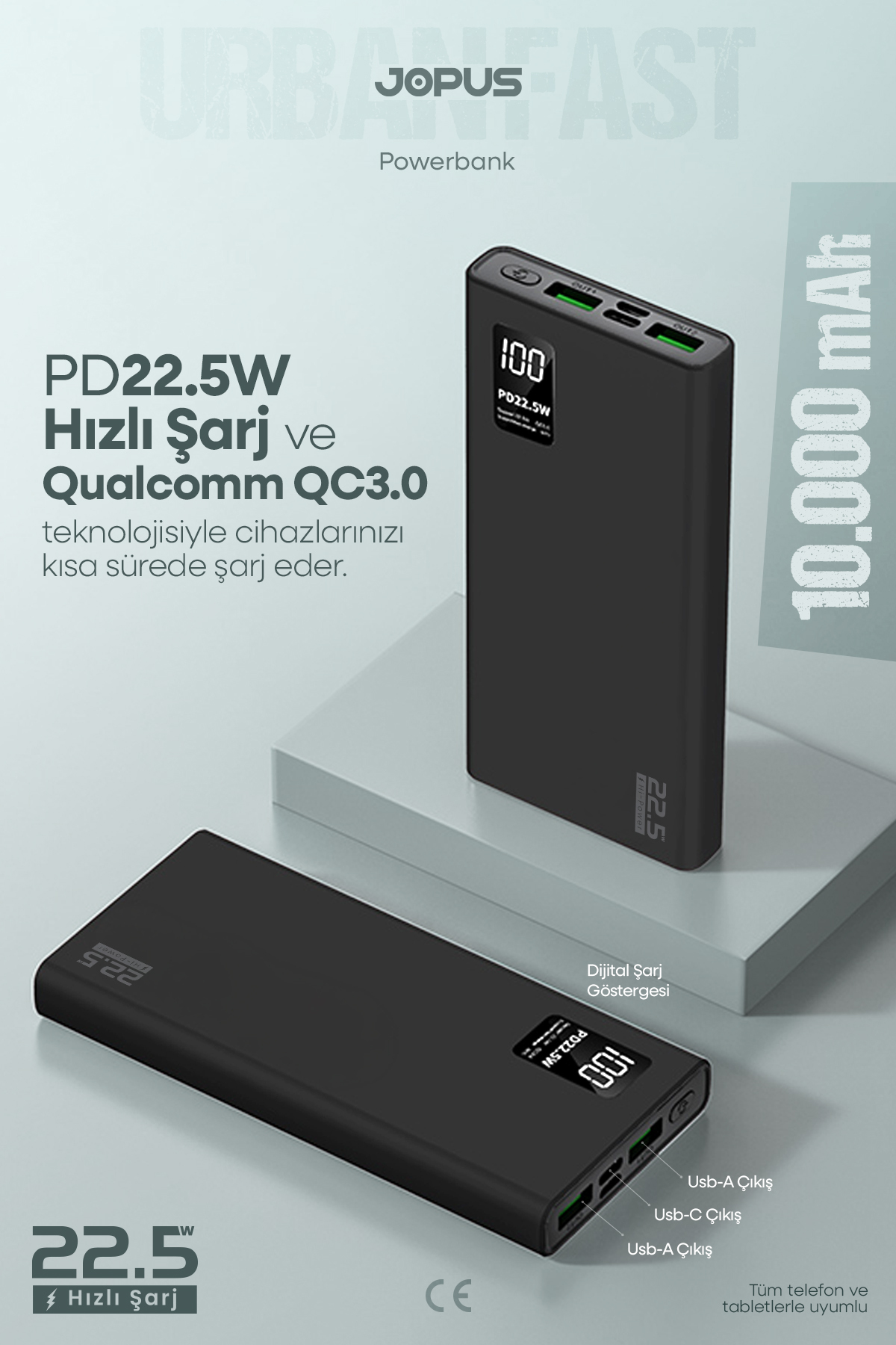 10000mAh PowerBank PD 22.5W Fast Charging - Digital Display - Portable Charger - Black JP-P12