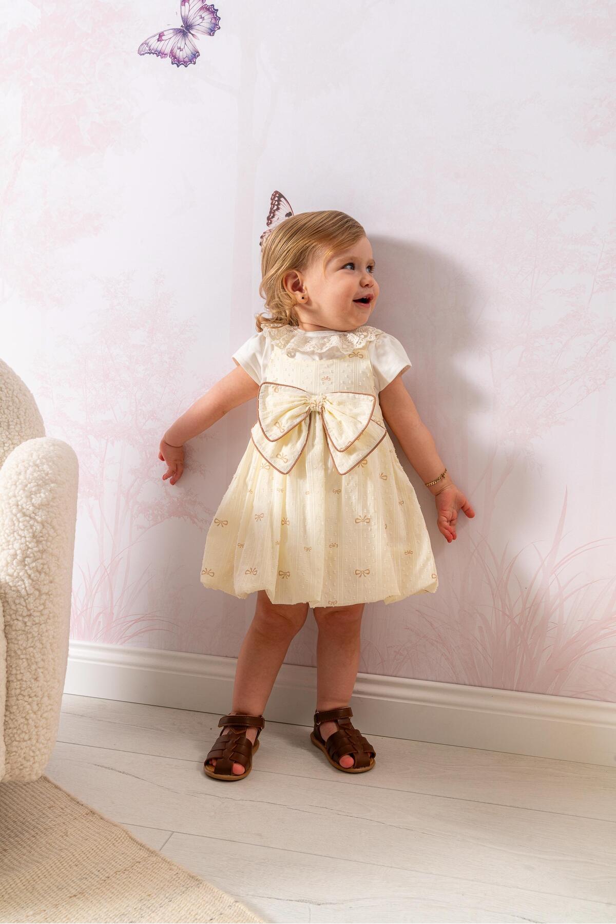 limebabies NOYNOY Kız Bebek 3’lü Takım – Dantel Yakalı Tişört, Fiyonklu Jile Elbise ve Bandana Seti 9-24 Ay fotoğrafı 3 (önizleme)