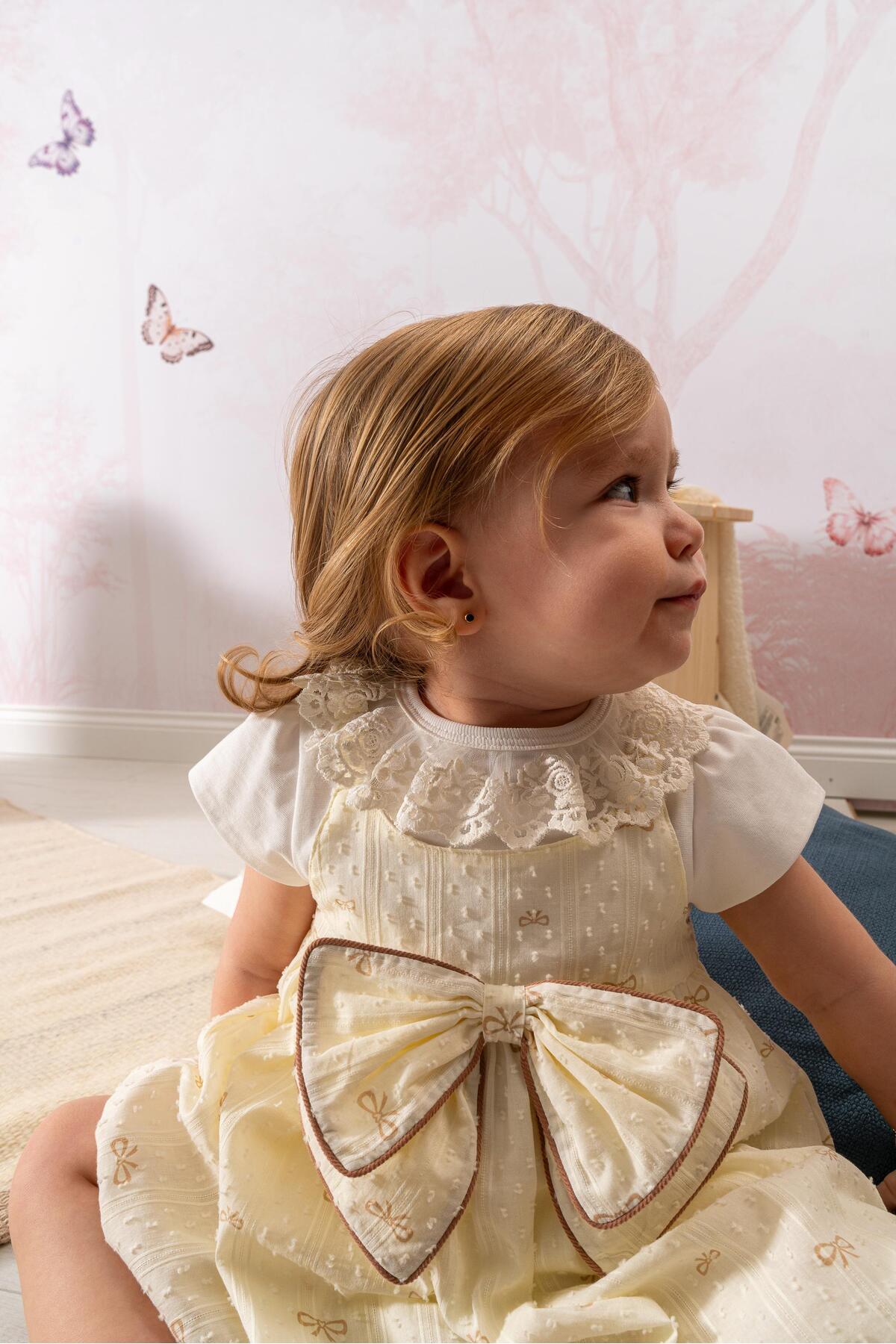 limebabies NOYNOY Kız Bebek 3’lü Takım – Dantel Yakalı Tişört, Fiyonklu Jile Elbise ve Bandana Seti 9-24 Ay fotoğrafı 4 (önizleme)