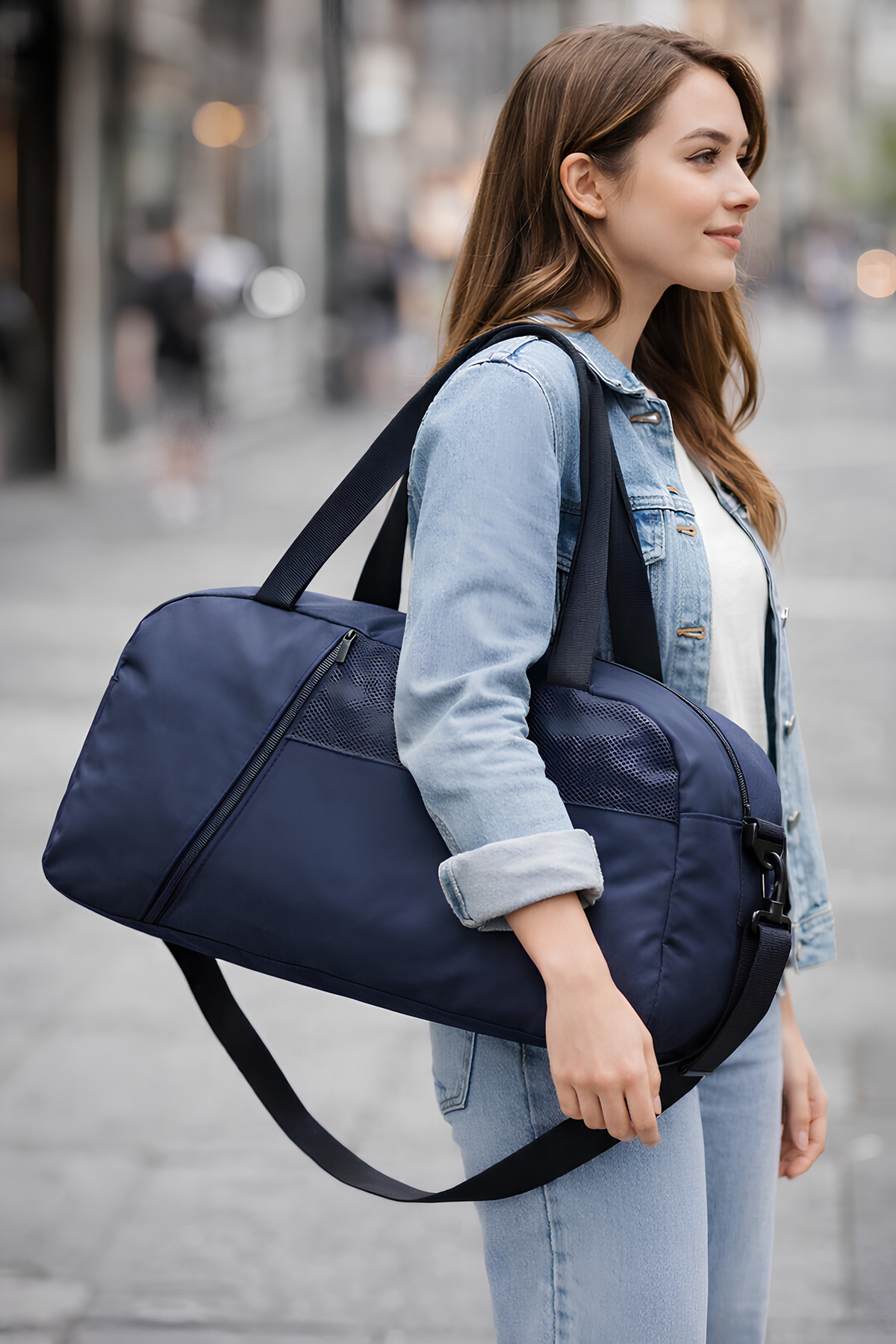 KAFF  Orta Boy Lacivert Önü Cepli Ayarlanabilir Omuz Askılı El Seyahat Spor Çantası-0832 - Görsel 3