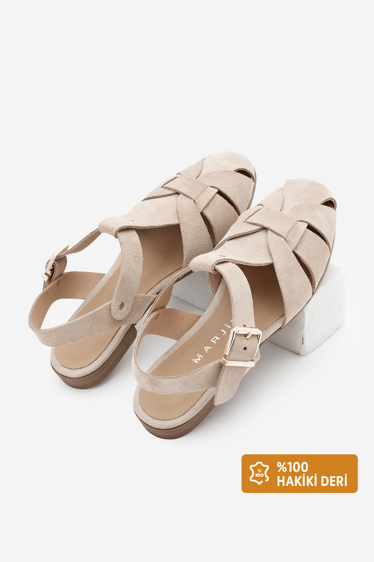 Women's Genuine Leather Ankle Band Buckle Front Closed Casual Sandals Yenzar Beige Suede