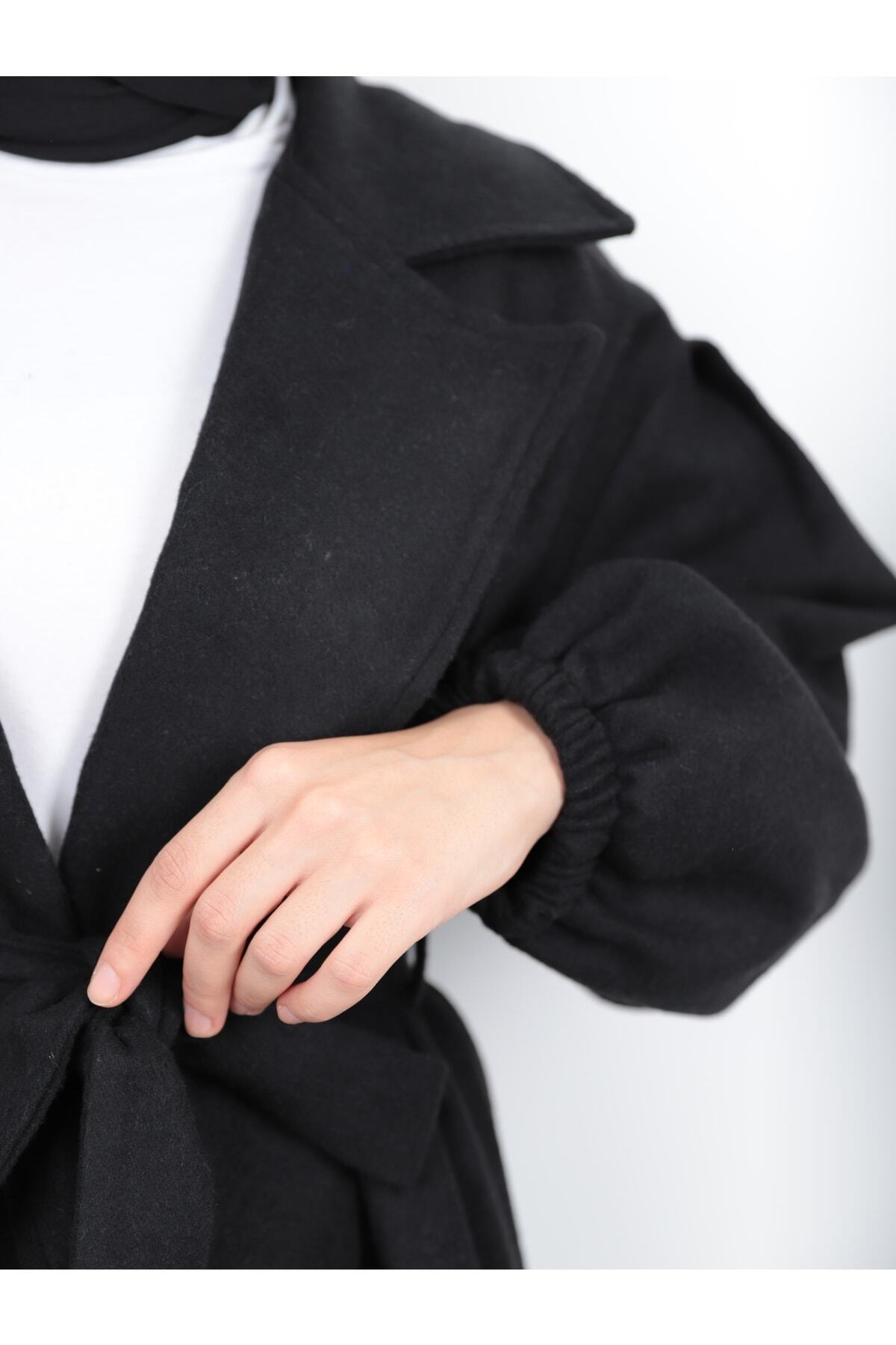 Genel Markalar  Kolları Büzgülü Kuşaklı Kadın Tesettür Kaban\kaşe Kaban - Görsel 7