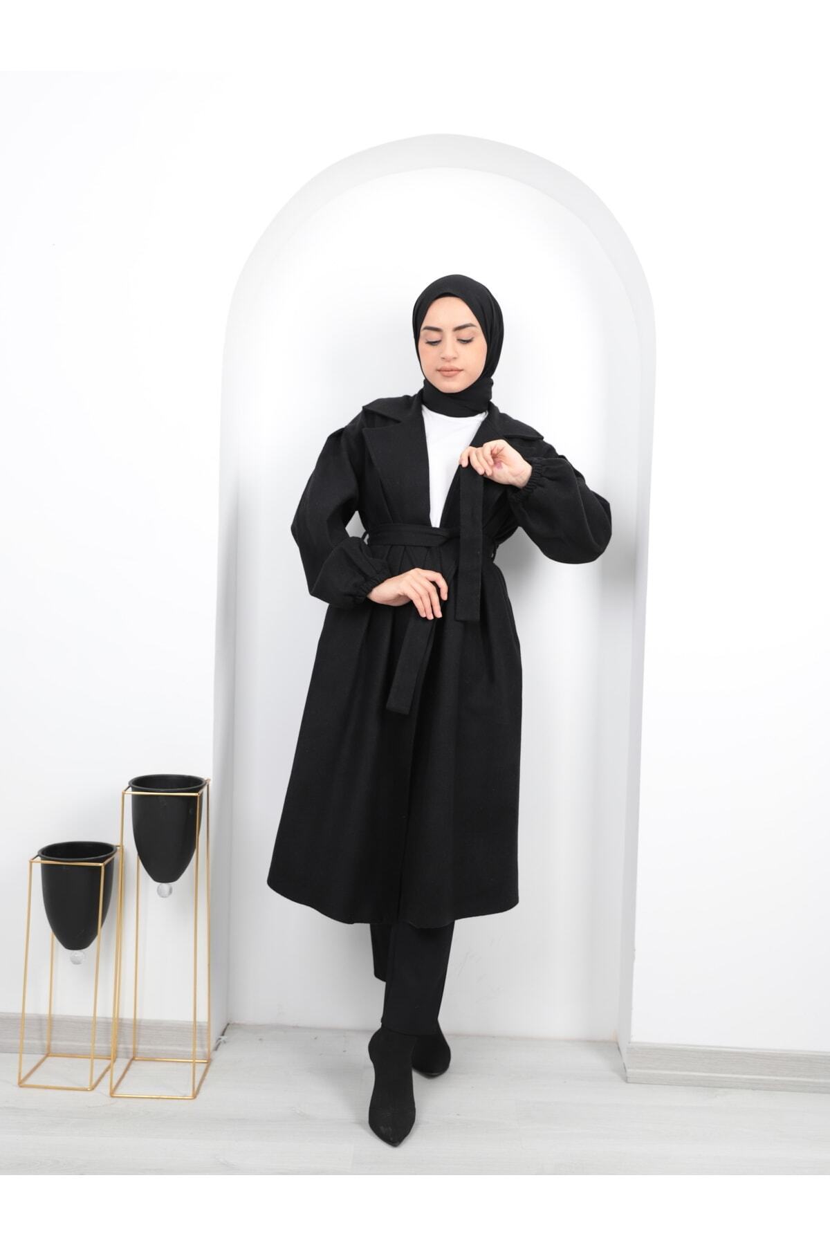 Genel Markalar  Kolları Büzgülü Kuşaklı Kadın Tesettür Kaban\kaşe Kaban - Görsel 4