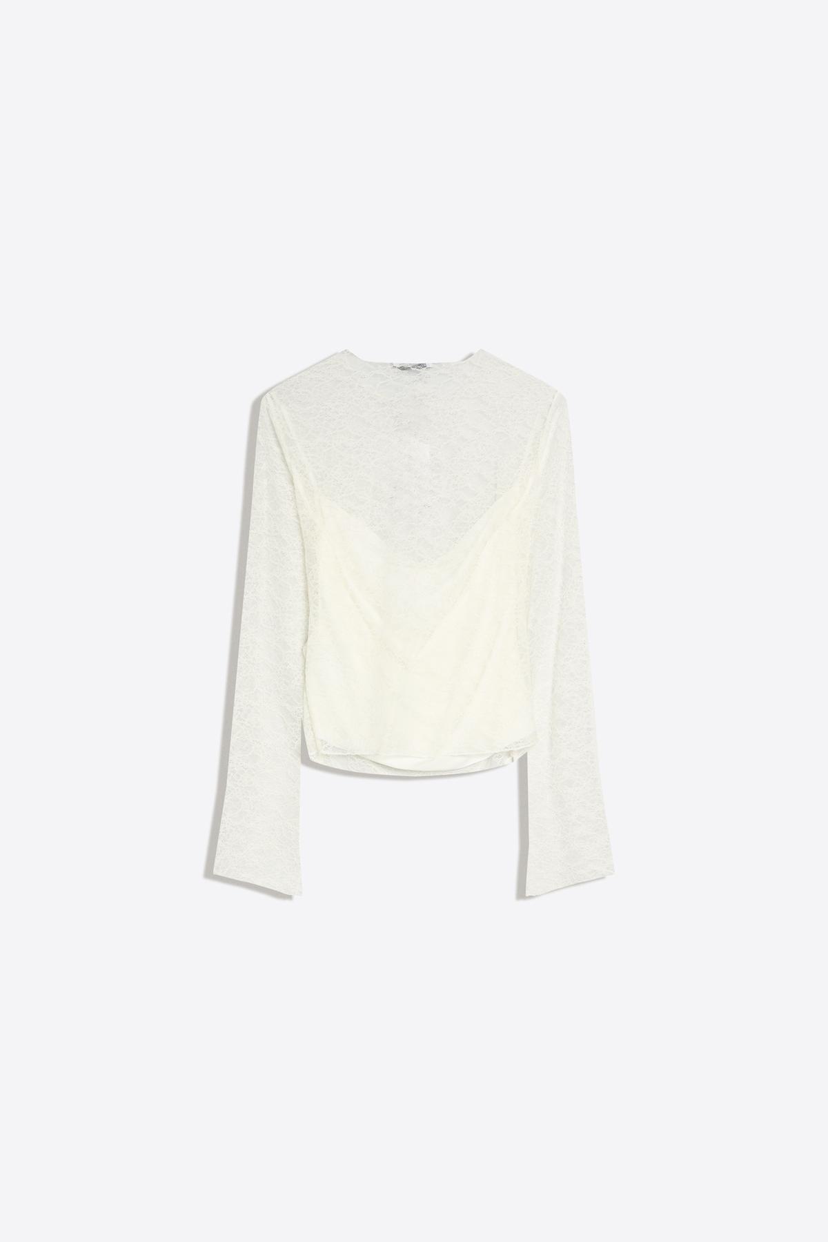 Bershka  Uzun kollu dantelli tişört - Görsel 5