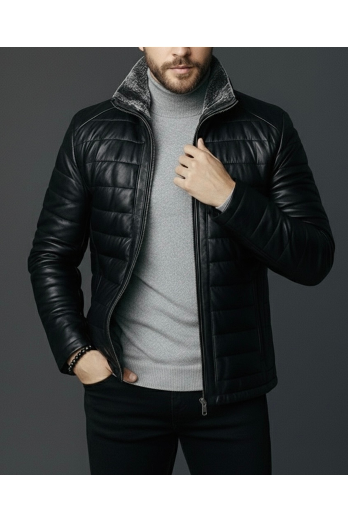 SAVARA  Slimfit yakası kürklü Siyah hakiki Deri Mont %100 Hakiki Gerçek Deri ( Yaka kürkü çıkarılabilir)