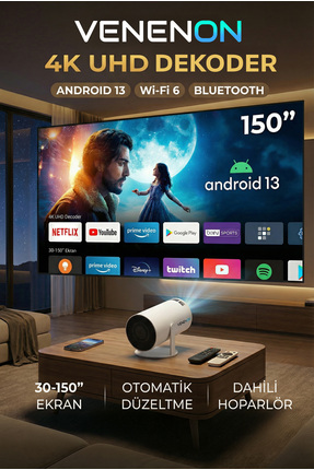 Venenon Taşınabilir Akıllı Sinema Projeksiyon Cihazı Projektör Ekran Yansıtma...