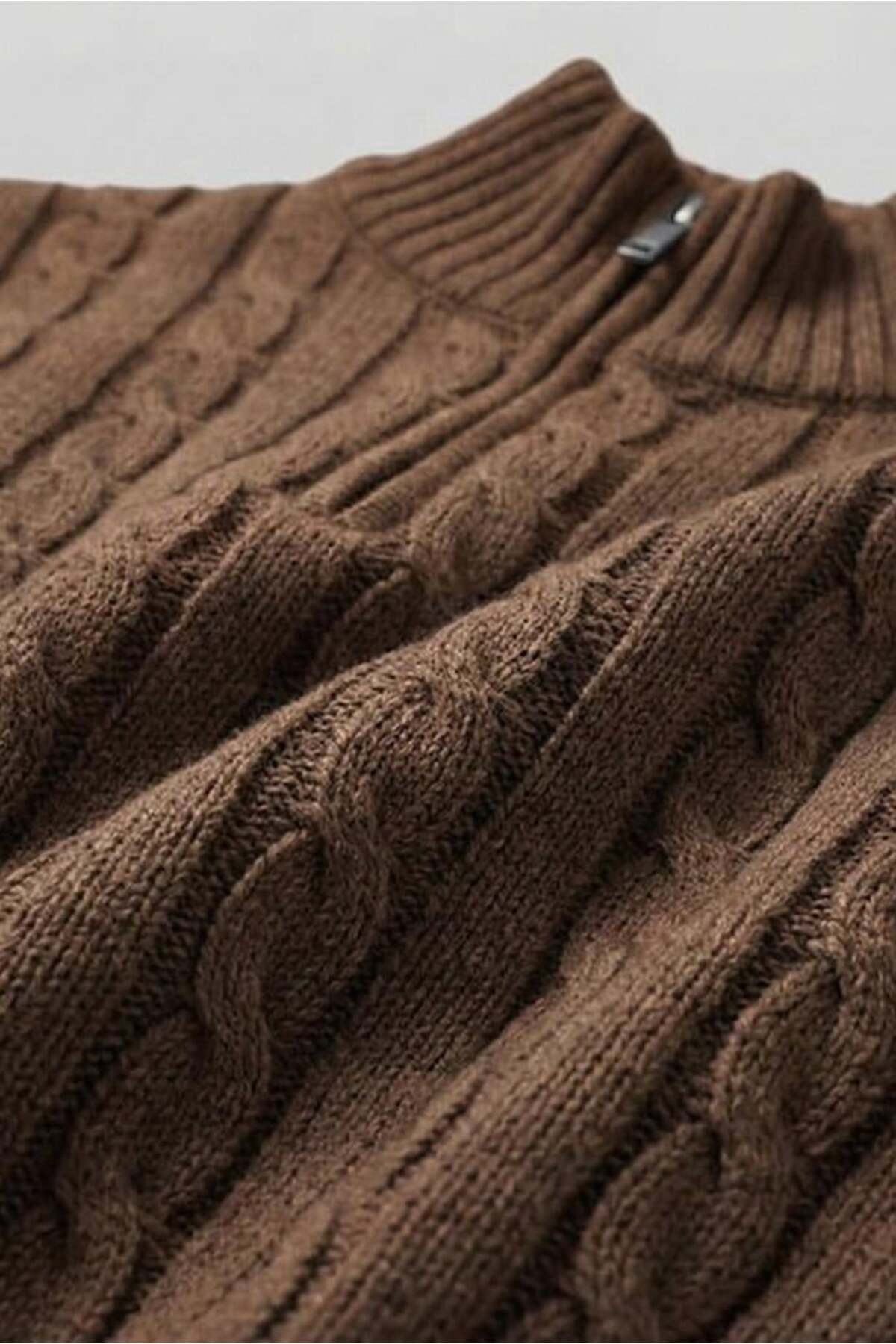 Valiberta  Bardem Saç Örgülü Yarım Fermuar Erkek Triko Kazak - Kahve - Görsel 3
