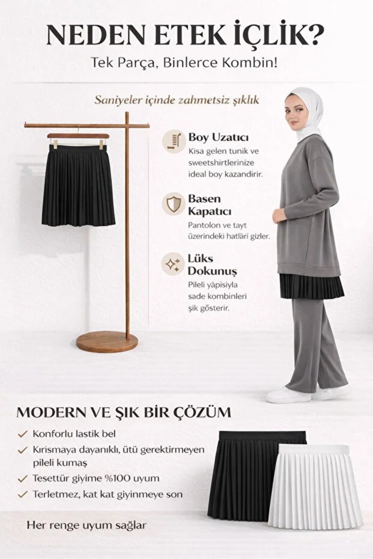 Modabenna  Kadın 2'li Paket Pileli Etek Tesettür içlik Beli Lastikli Mini Tamamlayıcı Siyah Ekru Piliseli Plise - Görsel 4