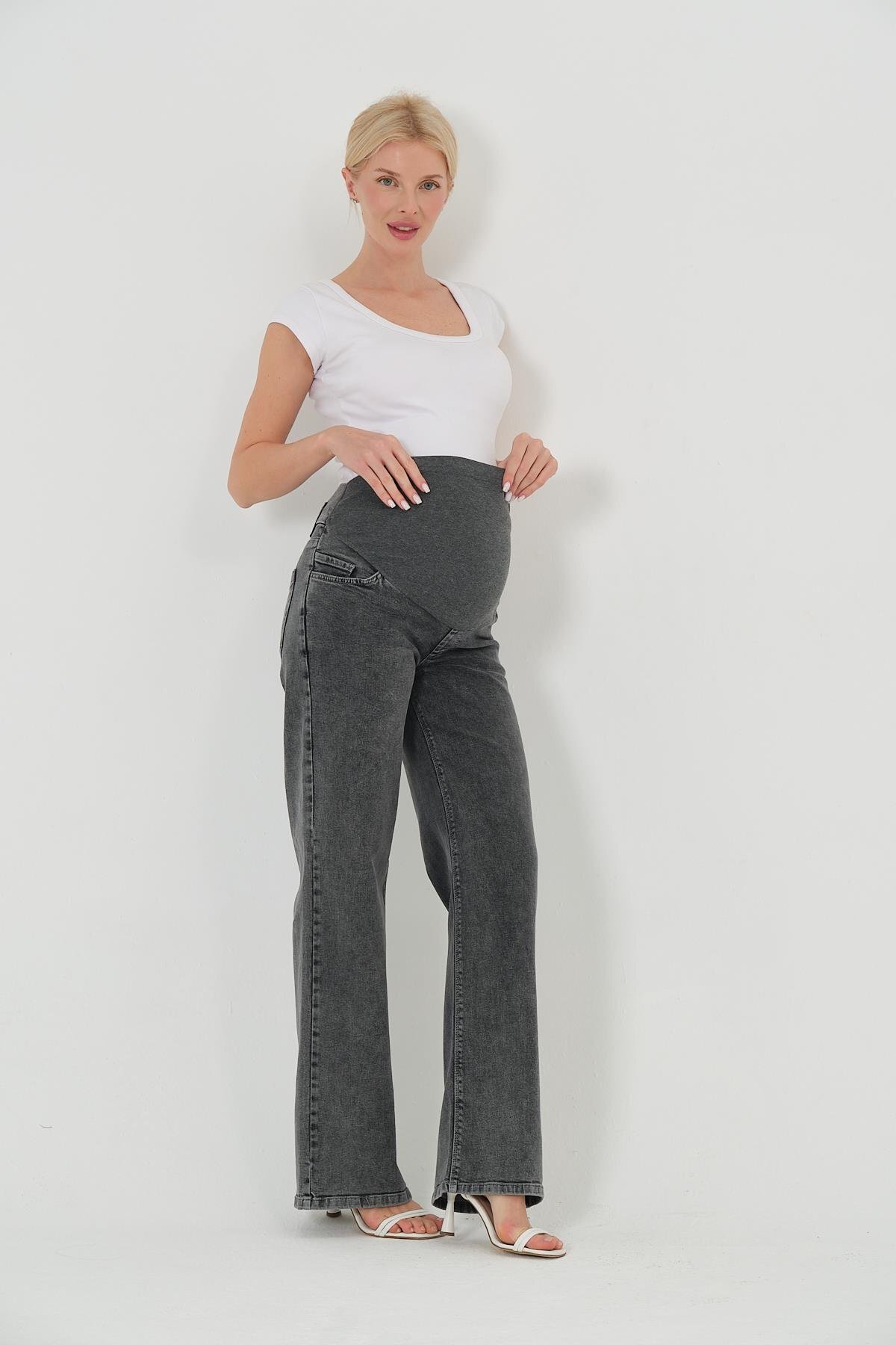 BUSA Hamile Karnı Saran Esnek Bantlı Arka Kemerli Bol Paça Kot Pantolon ANTRASİT fotoğrafı 4 (önizleme)