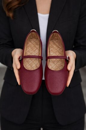 redtan Kadın Babet Bordo Bantlı Kemerli Hafif Rahat Şık İş Ofis Günlük Ayakkabı