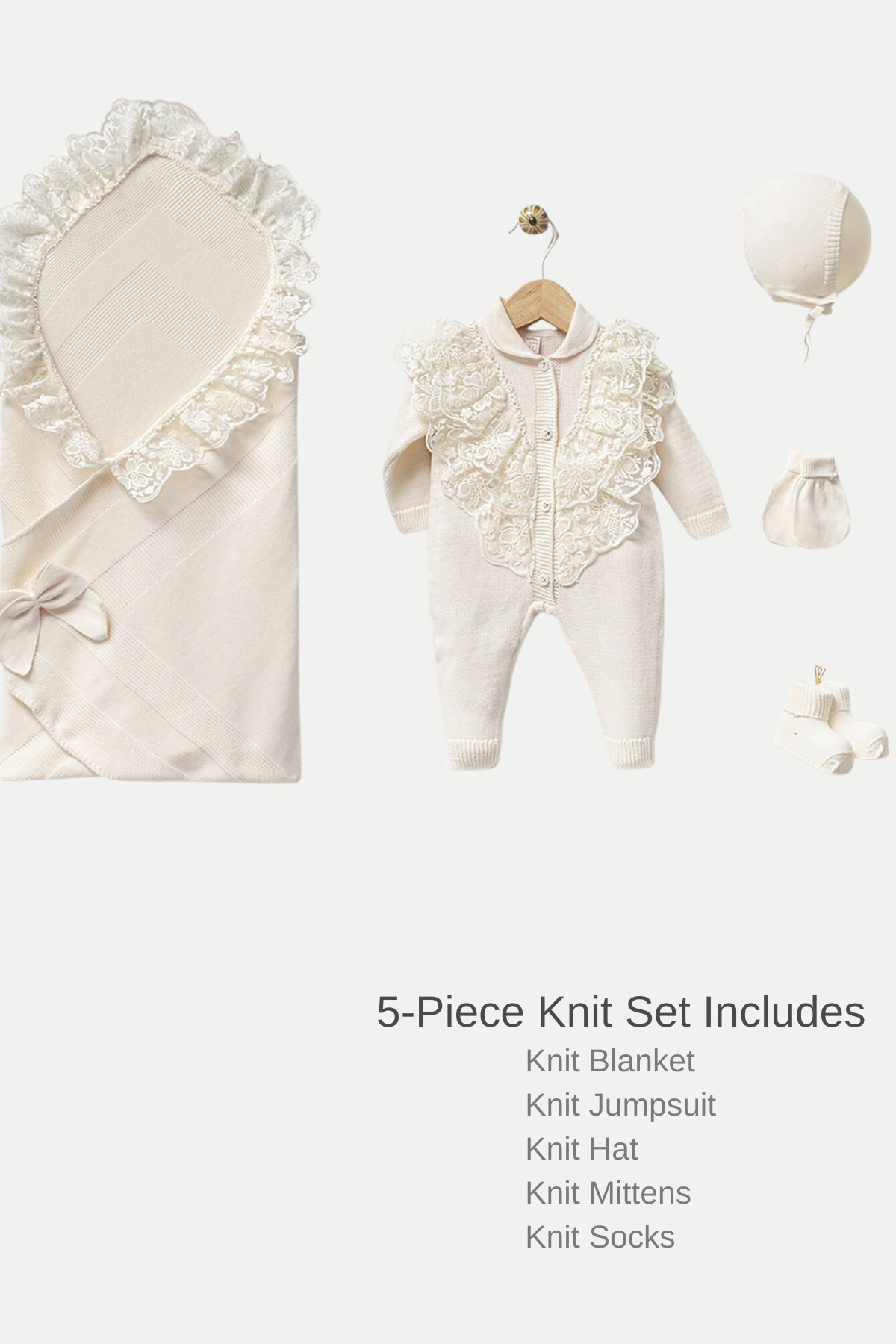 Naka Concept Elegans Kız Bebek Triko 5’li Hastane Çıkış Seti-Premium Cotton Knit Newborn Set-Gift Ready fotoğrafı 5 (önizleme)