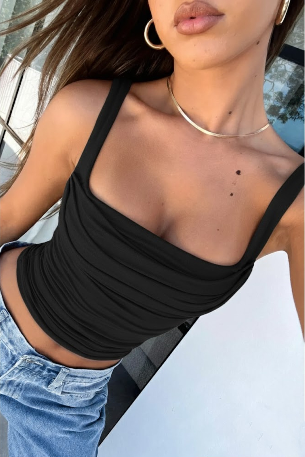 World Fashion Trends  WFT3036B Önü Büzgülü Askılı Crop Bluz