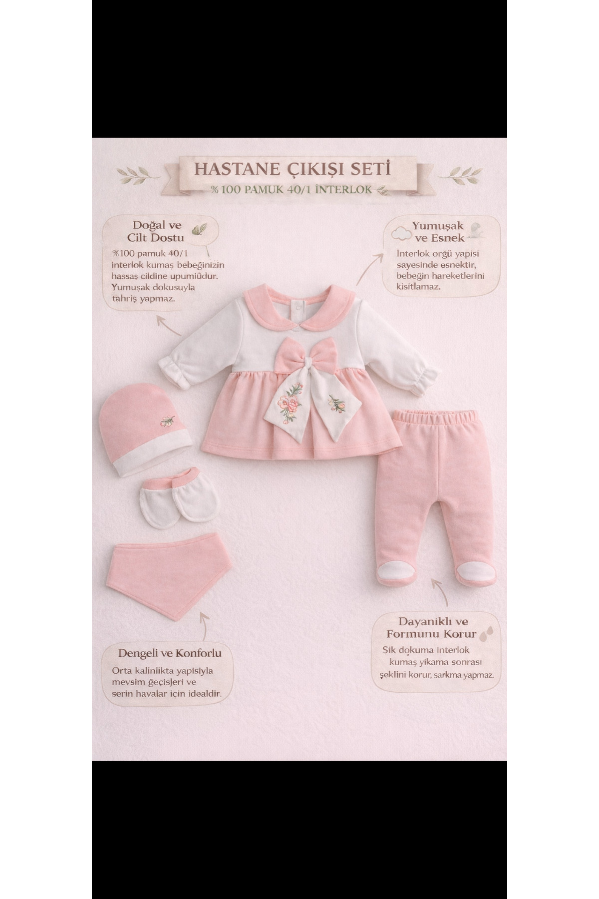 Pimadyo Kız Bebek 5’li Hastane Çıkışı Seti Somon Fiyonklu Nakışlı Yenidoğan Patikli Takım fotoğrafı 3 (önizleme)