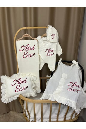 handemnakış tasarım İsimli Nakışlı Müslin 5'li Hastane Çıkışı Set - Fırfırlı ...