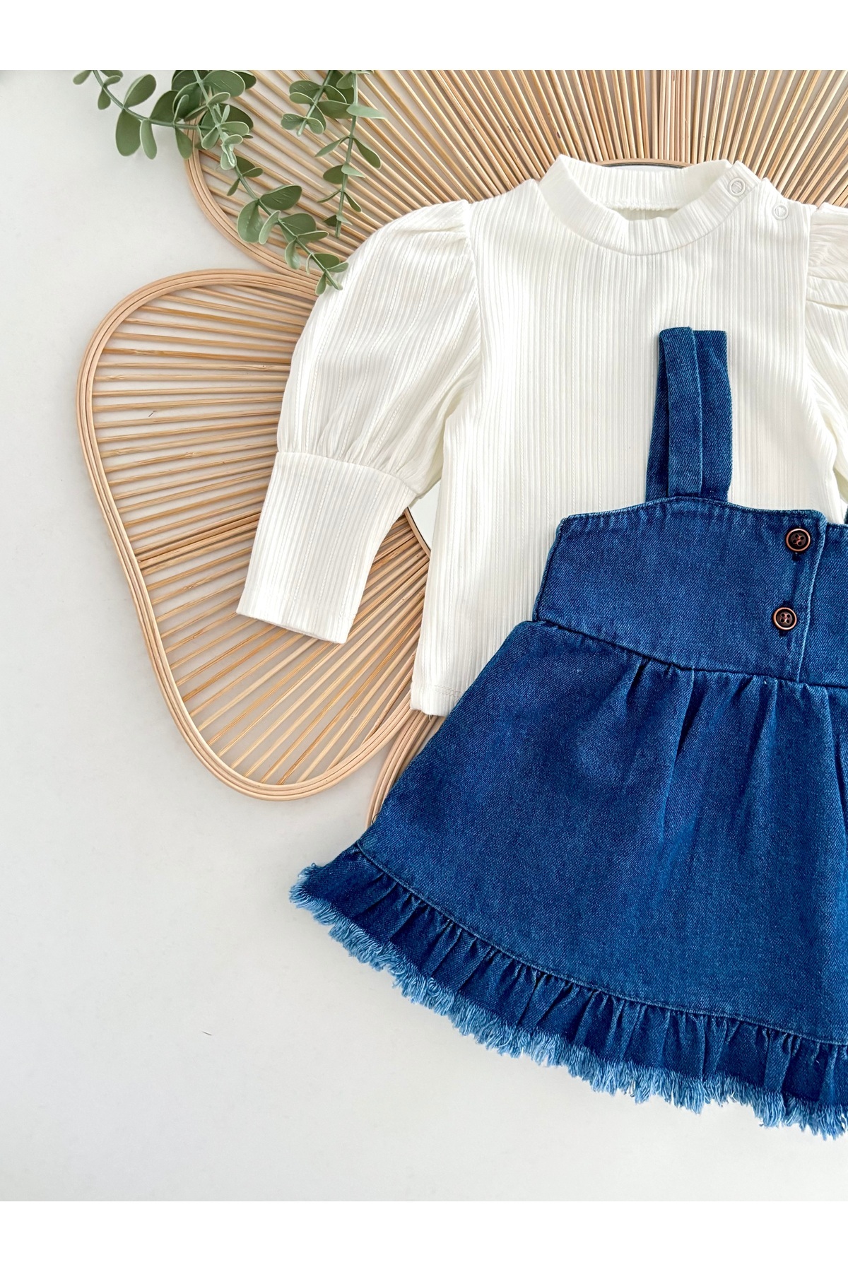 Jammybaby Püsküllü Kot Jile Elbise %100 Pamuk Likralı Ribana Balon Bluz Lüks Jean Kız Bebek Takım fotoğrafı 4 (önizleme)