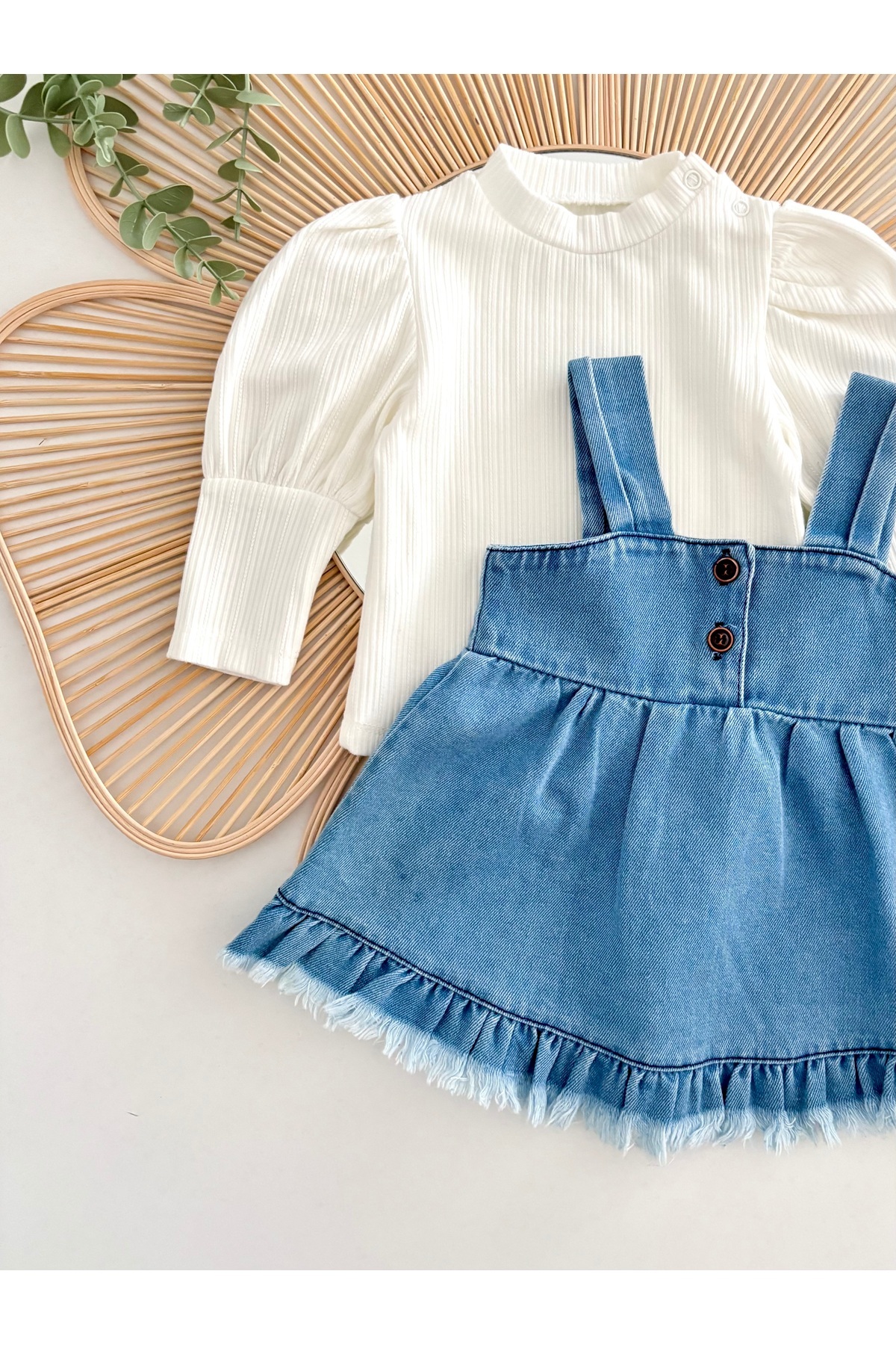 Jammybaby Püsküllü Kot Jile Elbise %100 Pamuk Likralı Ribana Balon Bluz Lüks Jean Kız Bebek Takım fotoğrafı 6 (önizleme)