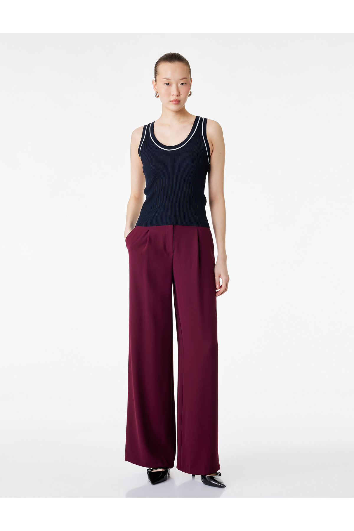 Crepe Fabric Pleat Detailed High Waist Palazzo Pants with Pockets