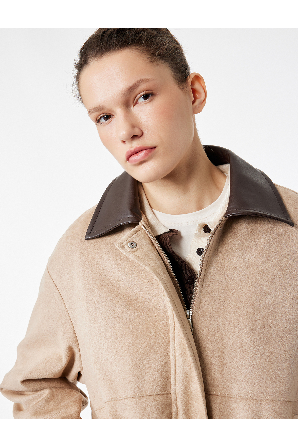 Koton  Uzun Kollu Cepli Fermuarlı Suni Süet Bomber Ceket