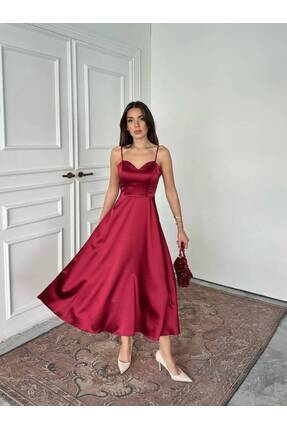 MAXMOOR HANAN SATEN ASKILI MİDİ PRENSES KIRMIZI ELBİSE