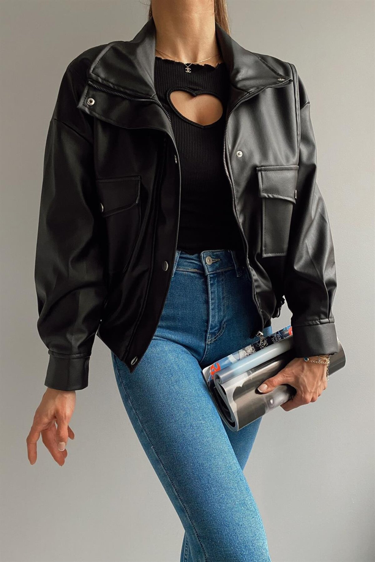 VESS MODA  Çift Cep Yan Büzgülü Oversize Deri Ceket - Görsel 3