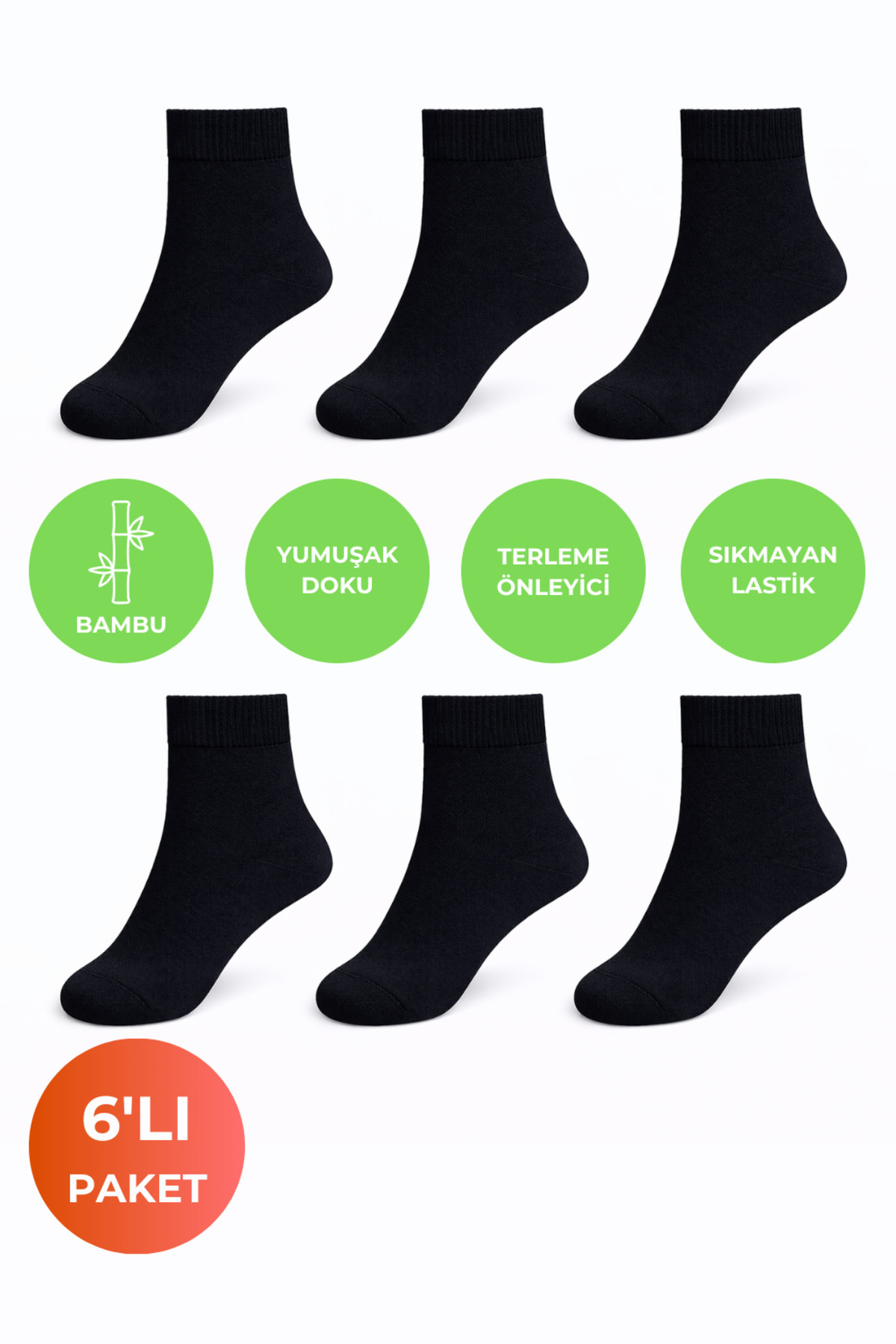 OUS 6’lı Unisex Bambu Çorap, Terletmeyen, Yumuşak Doku, Sıkmayan Lastik, Günlük Çorap Seti