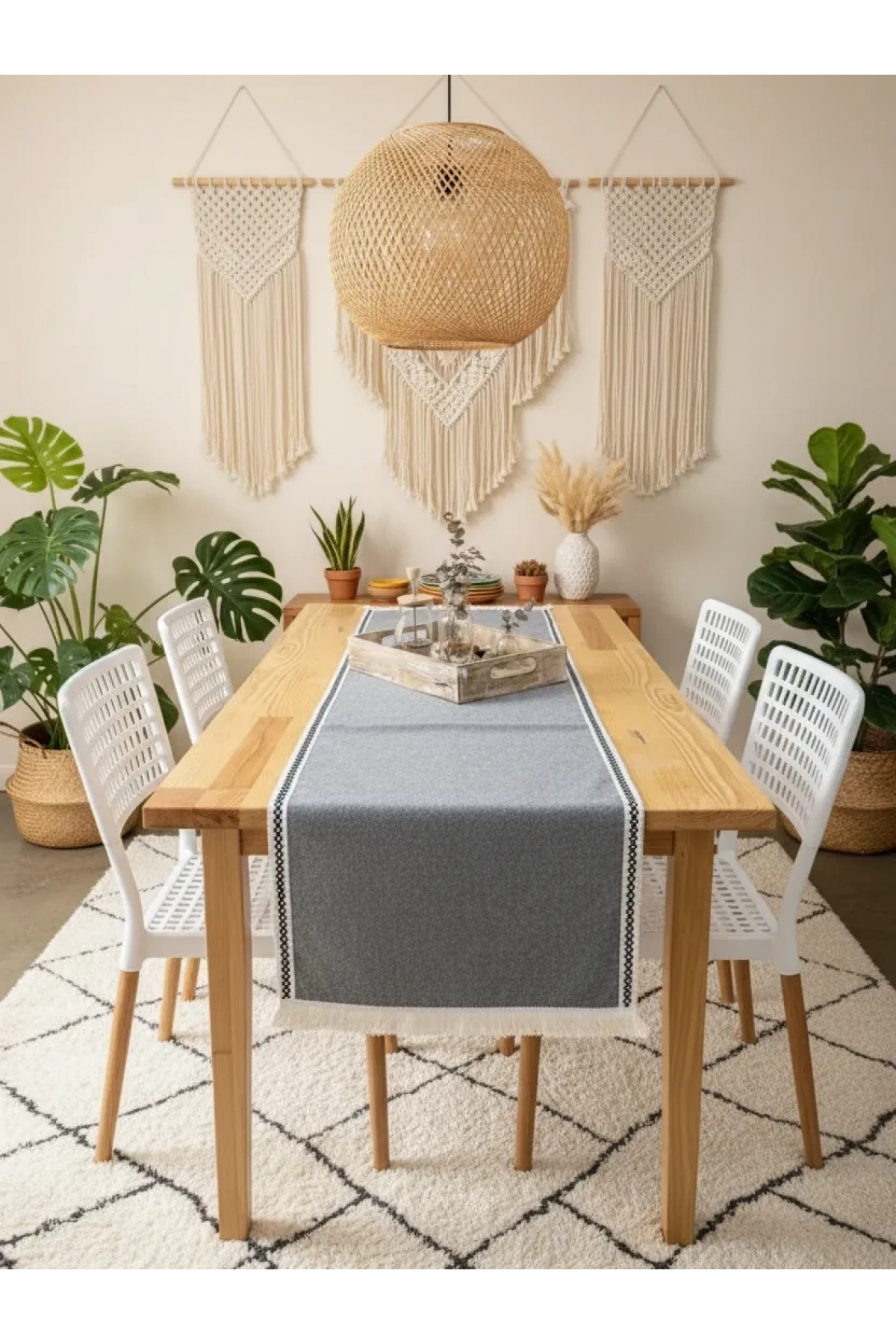 Grey Anthracite Black Striped Tassel Runner