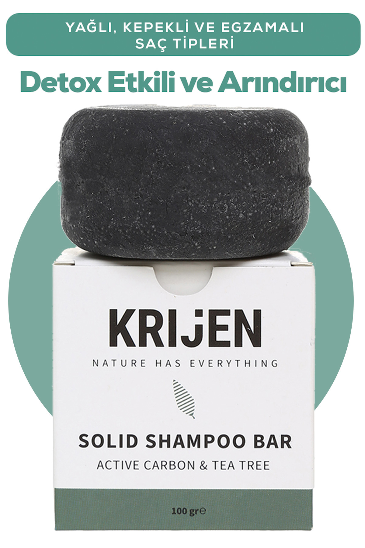 Krijen Aktif Karbon & Çay Ağacı Katı Şampuanı | Yağlı Saçlar - Bitkisel Keratin &e Vitamini& Panthenol