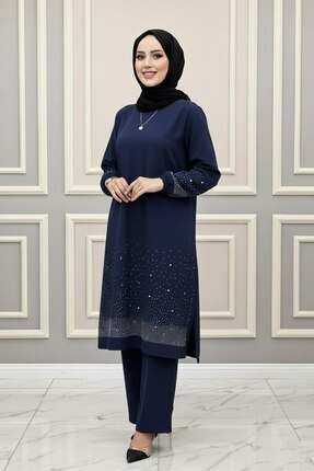 Genel Markalar TAŞ DETAY 2'Lİ MERVE TAKIM Lacivert Taş Detaylı Tesettür Takım...