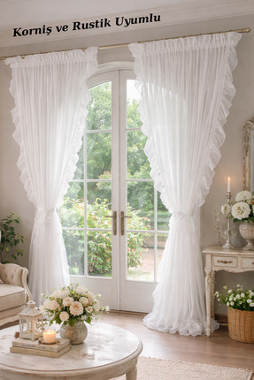 Perdeplus Fırfırlı Keten Tül Perde / Tek Kanat / Korniş ve Rustik Uyumlu