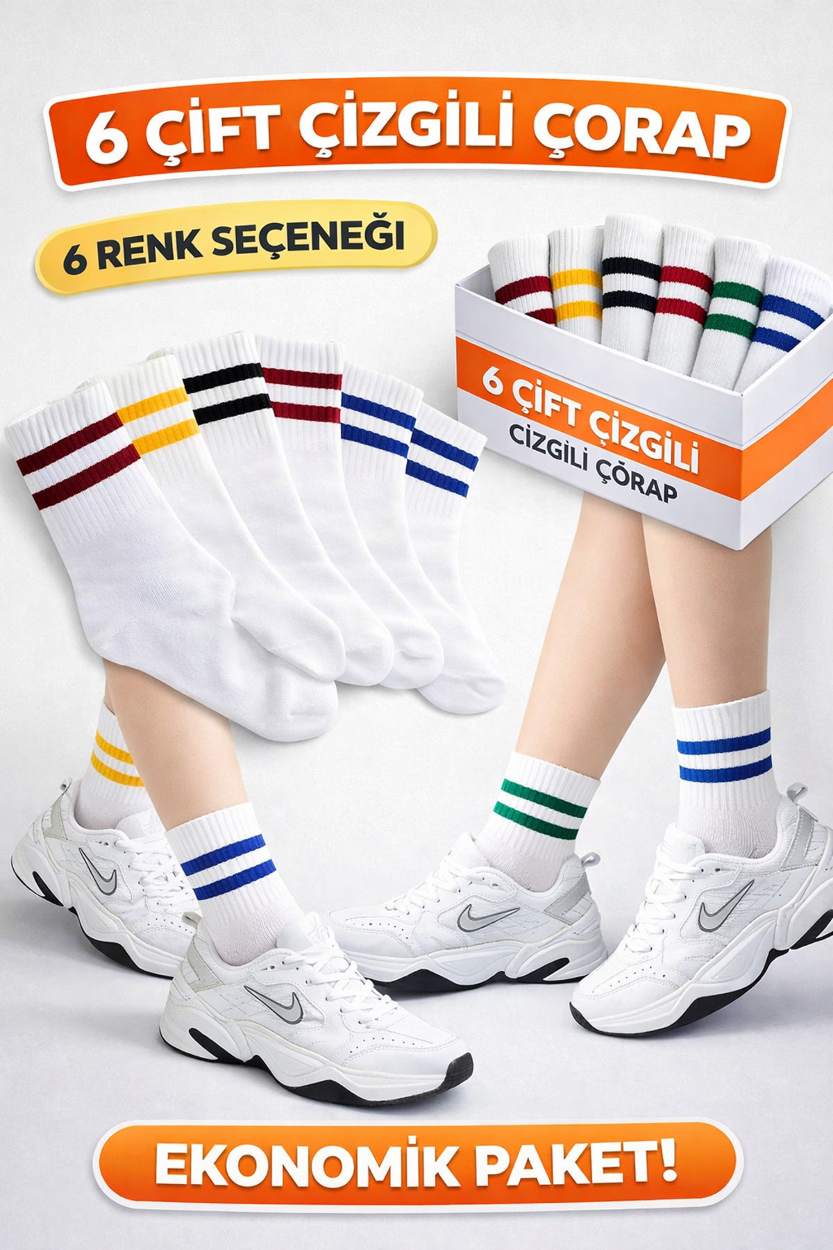 Festival Socks 6 çift Unisex çizgili pamuklu tenis kolej çorap seti