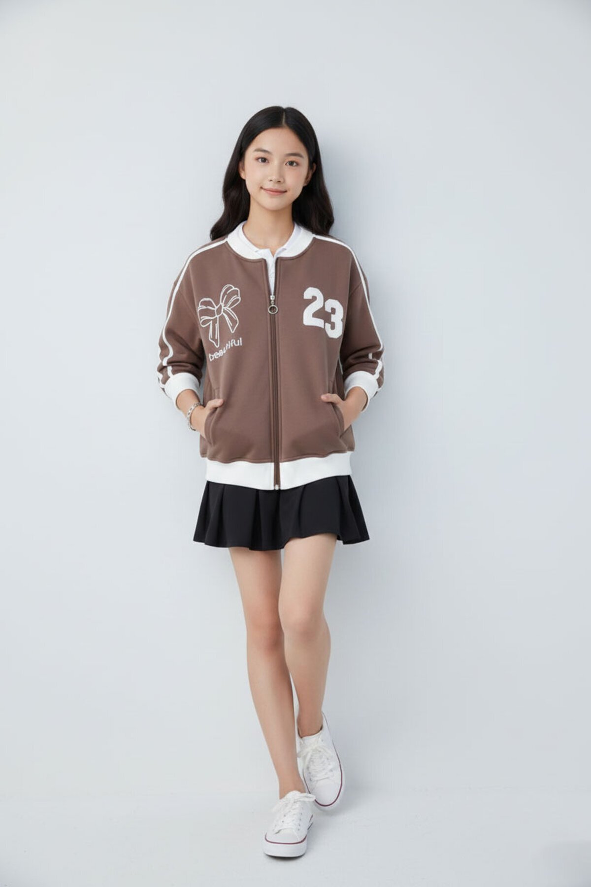 Brown Beautifull Printed Sleeve Striped Girl College Cardigan 21193