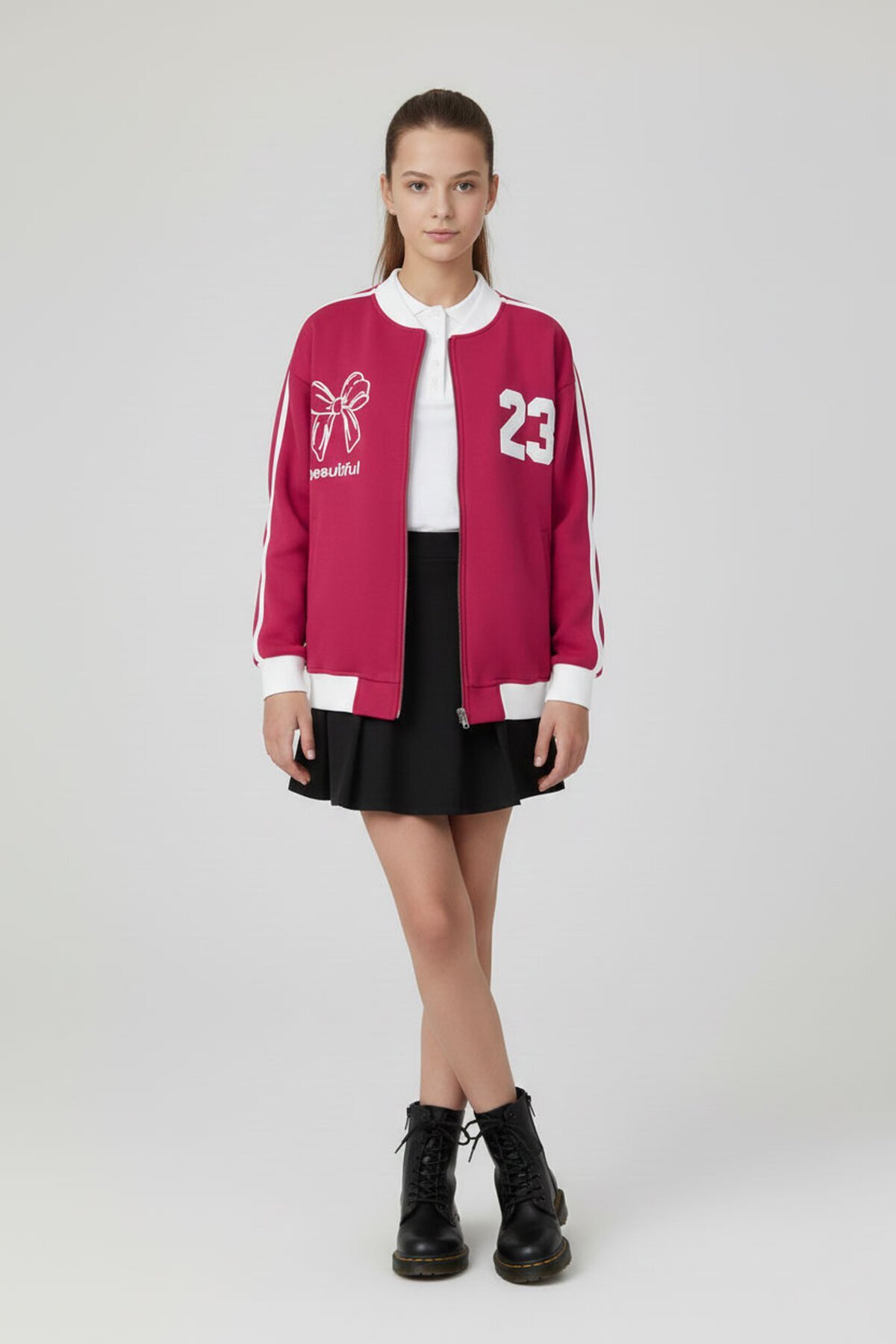 Fuchsia Beautifull Printed Sleeve Striped Girl's College Cardigan 21194