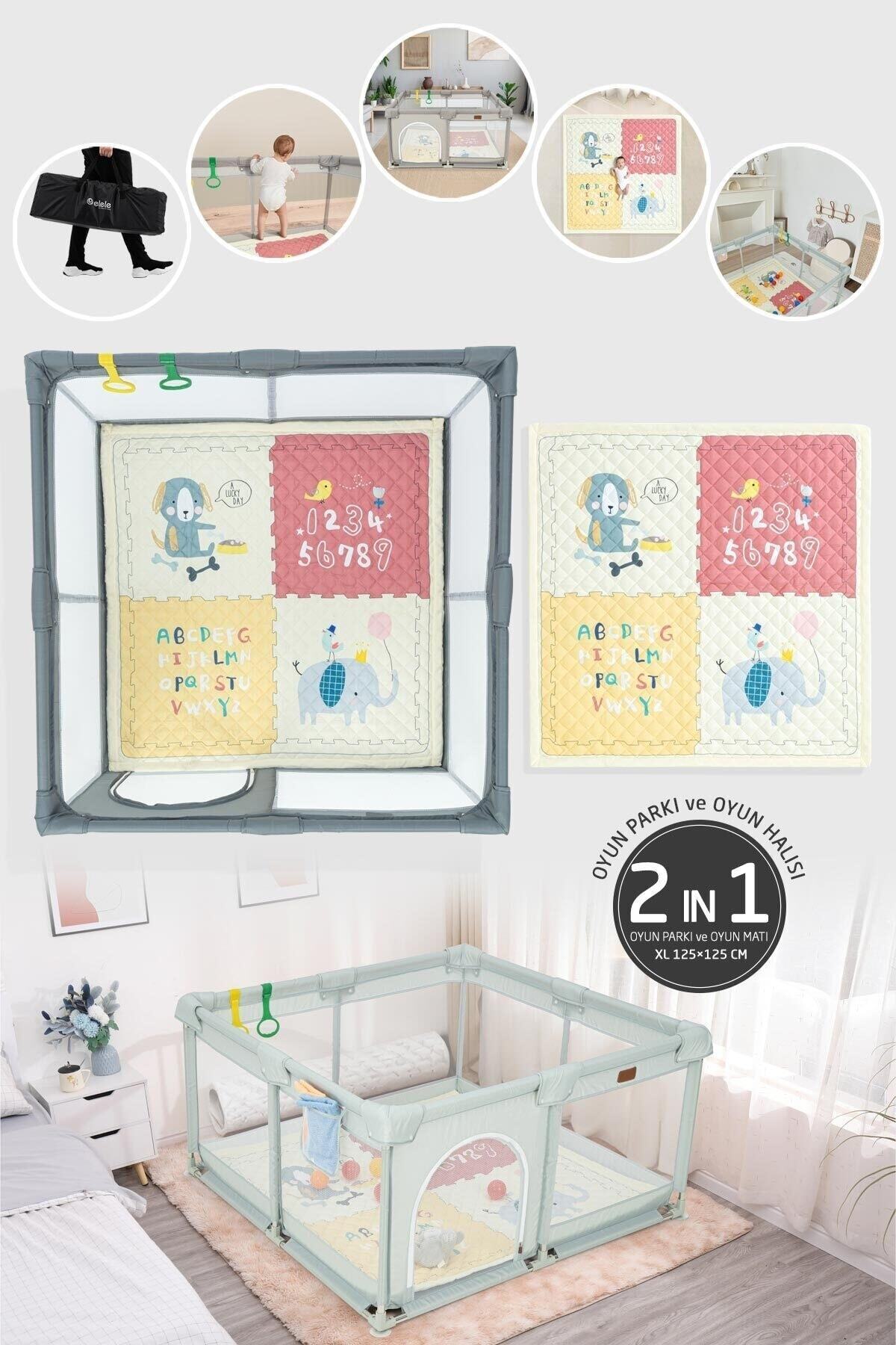 Elele Parma 2in1 Oyun Parkı Oyun Alanı ve Oyun Matı Halısı 125x125 cm Koyu Gri fotoğrafı 2 (önizleme)