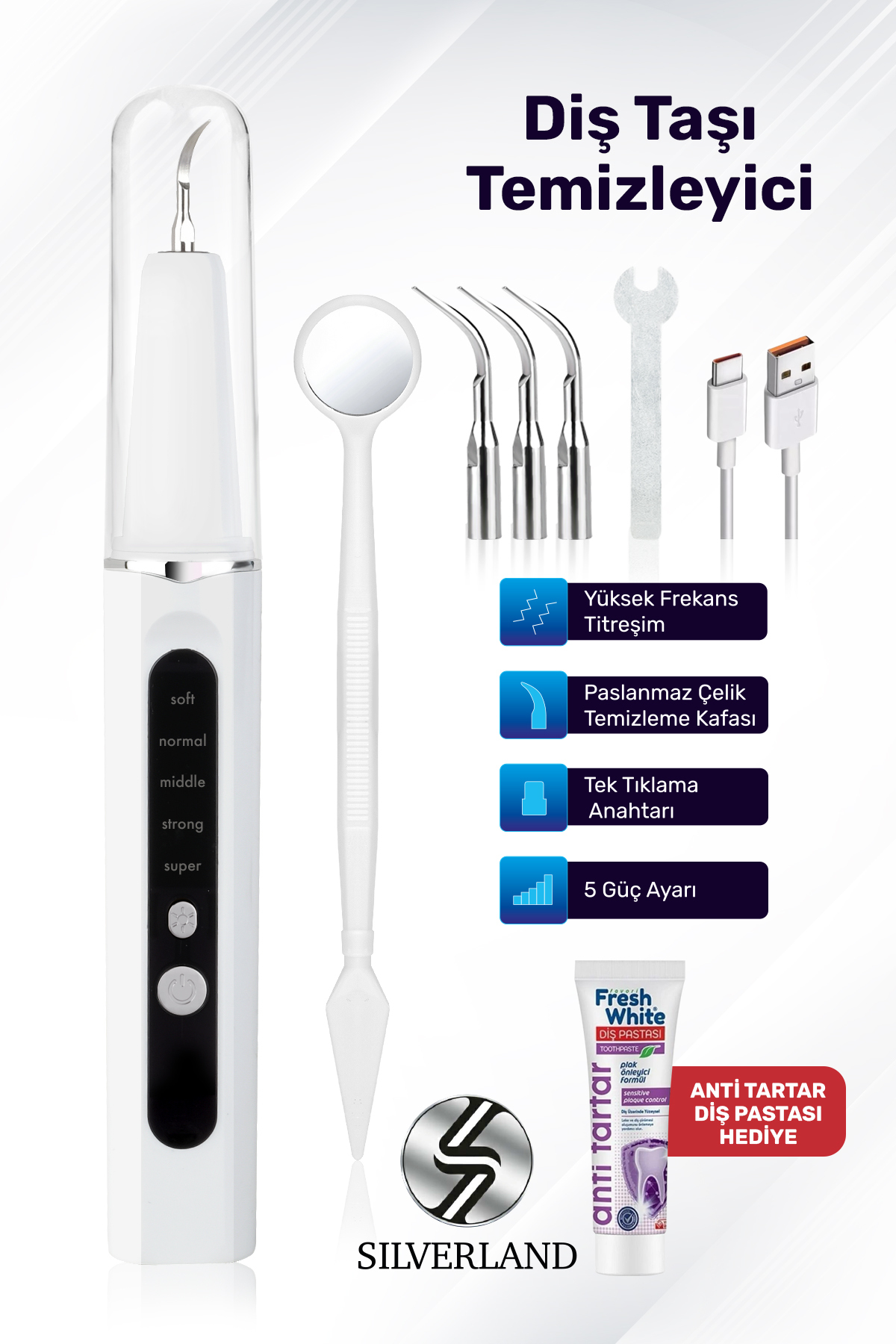 SİLVERLAND Ultrasonik Diş Taşı Temizleme Cihazı - LED Işıklı, 5 Mod, 3 Yedek Başlık Diş Pastası Hediyeli