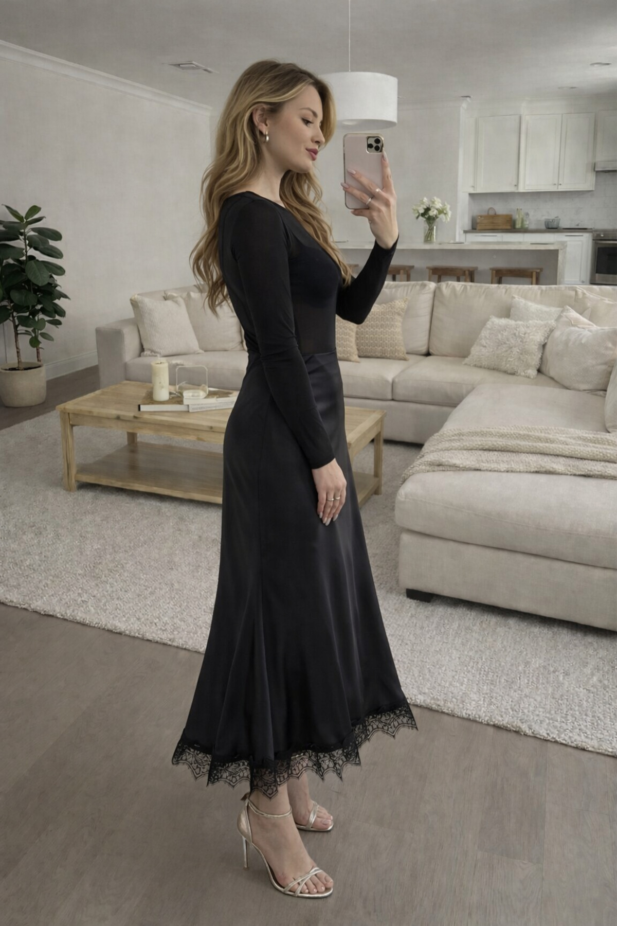 SARA  Kadın Siyah Saten Midi Etek Dantel Detaylı Yüksek BelSaten A-Kesim (Yarım Çan) Şık Günlük & Abiye - Görsel 2