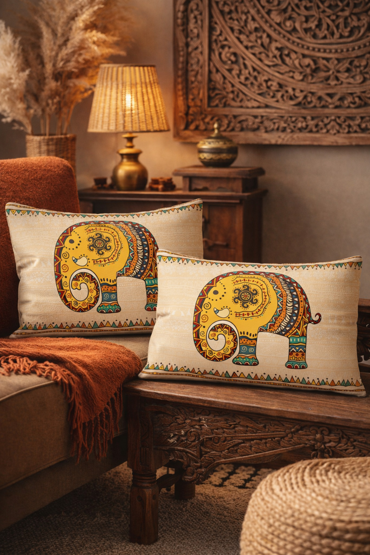 Ethnic Indian Embroidered Elephant Pattern 2-Piece Cushion Cover on Cream Floor