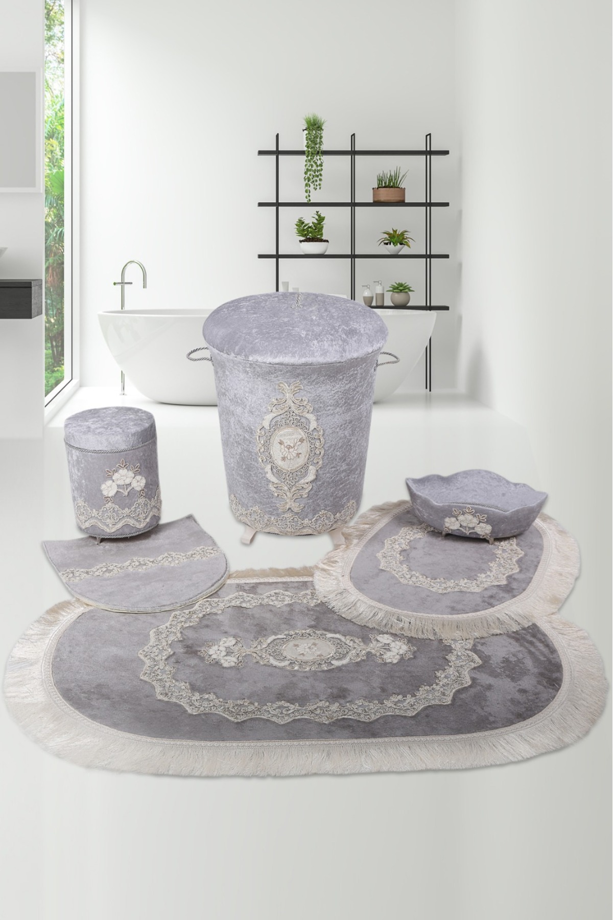 Exclusive Grey 6 Pcs Lace Bathroom Dirty Laundry Basket Set Bath Mat Set