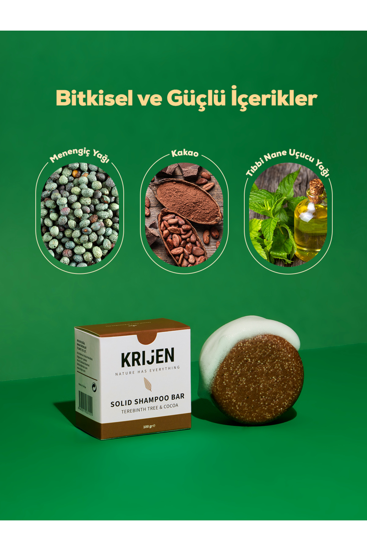Kakao & Bıttım(MENENGİÇ) Katı Şampuan 100gr | SLES, Boya Içermez | Vegan — تصویر 3 از 9