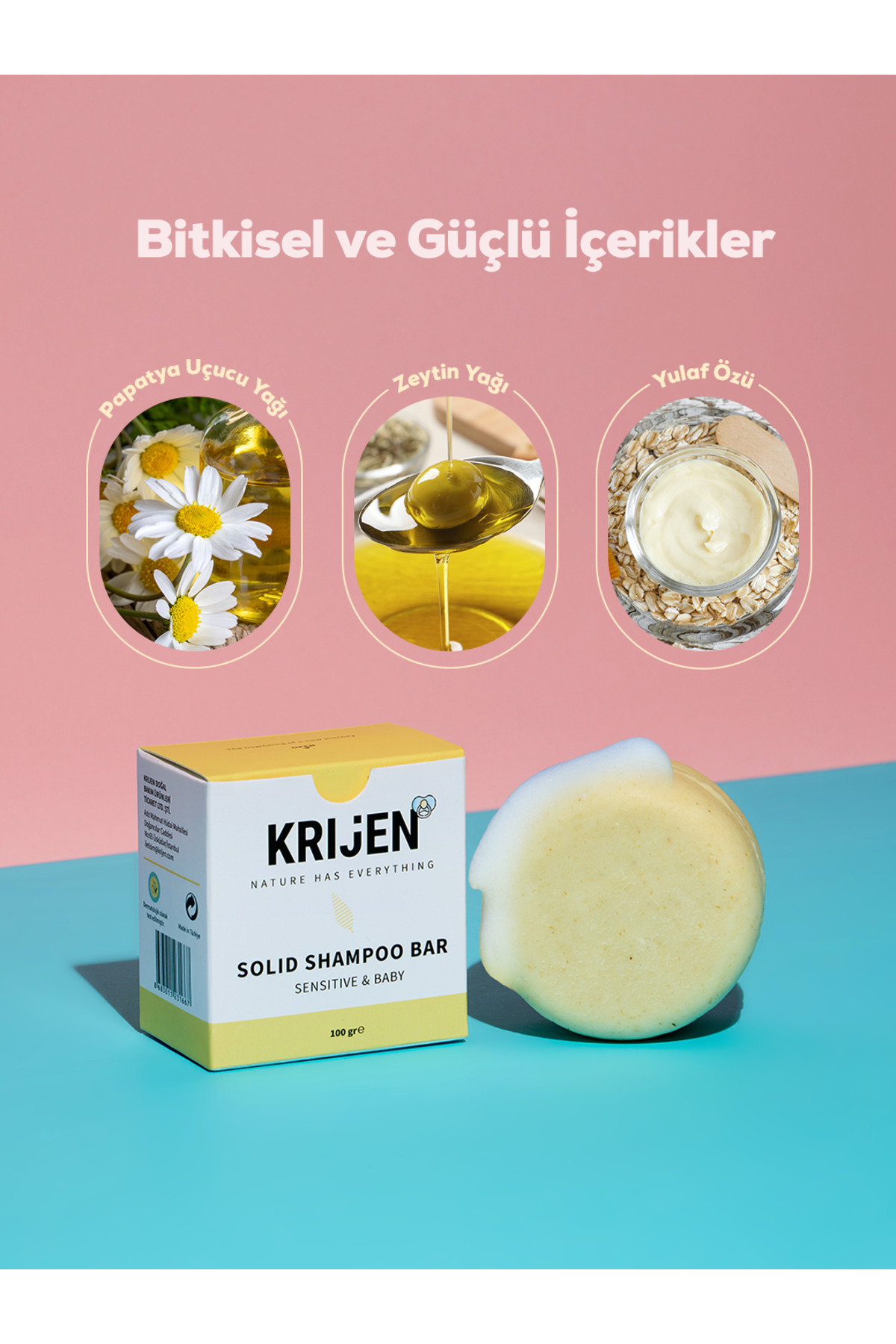Krijen Hassas Cilt & Bebek Katı Şampuanı | Gluten Içermez - Aynısefa Yağı & Papatya Özü & Zeytinyağı fotoğrafı 2 (önizleme)