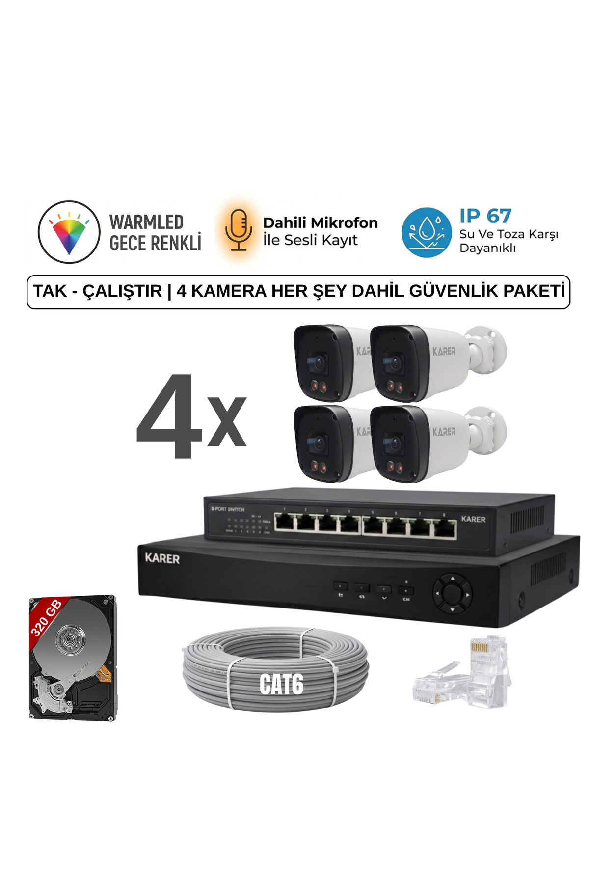 4'lü ULTRA HD Serisi 5MP IP Kamera Paketi: Sesli & Renkli Gece Görüşlü POE Sistemi,İnsan ve Plaka Al