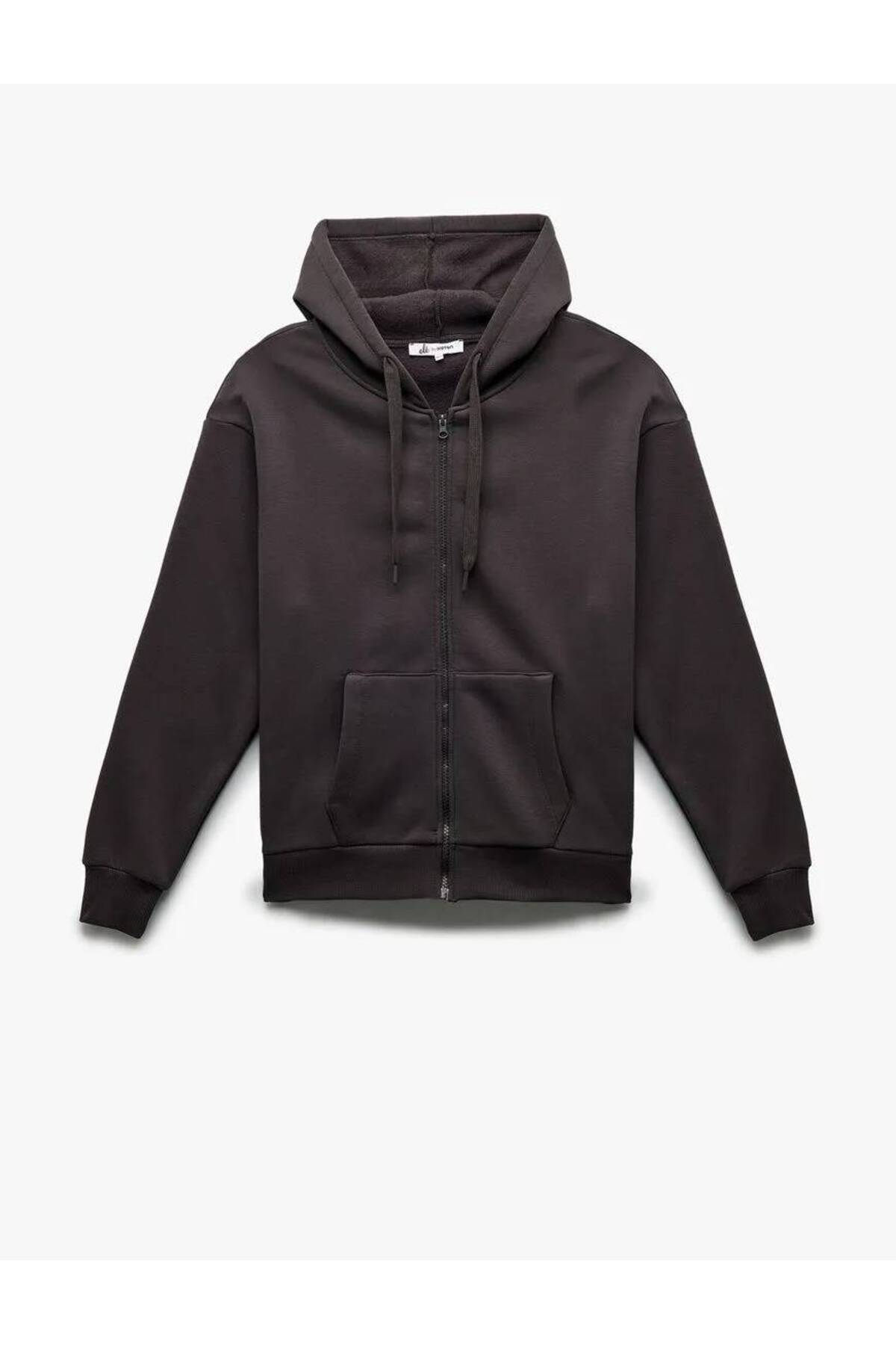 Koton  Şardonlu Uzun Kollu Kapüşonlu Kanguru Cepli Oversize Fermuarlı Sweatshirt - Görsel 3