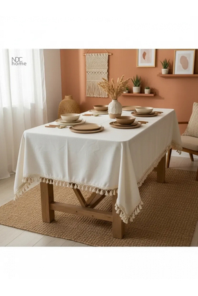 NDC HOME Organik Ham Keten Krem Pasalı Saçaklı Masa Örtüsü