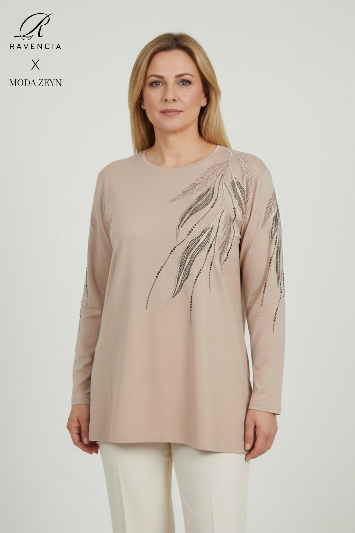 Women's Beige Leaf Pattern Rhinestone Slit Embroidered Lycra Viscose Mother Combed Cotton Blouse
