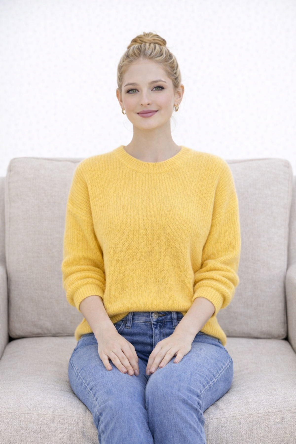 ModaAzen  Sarı Bisiklet Yaka Oversize Kadın Triko Kazak - Görsel 7