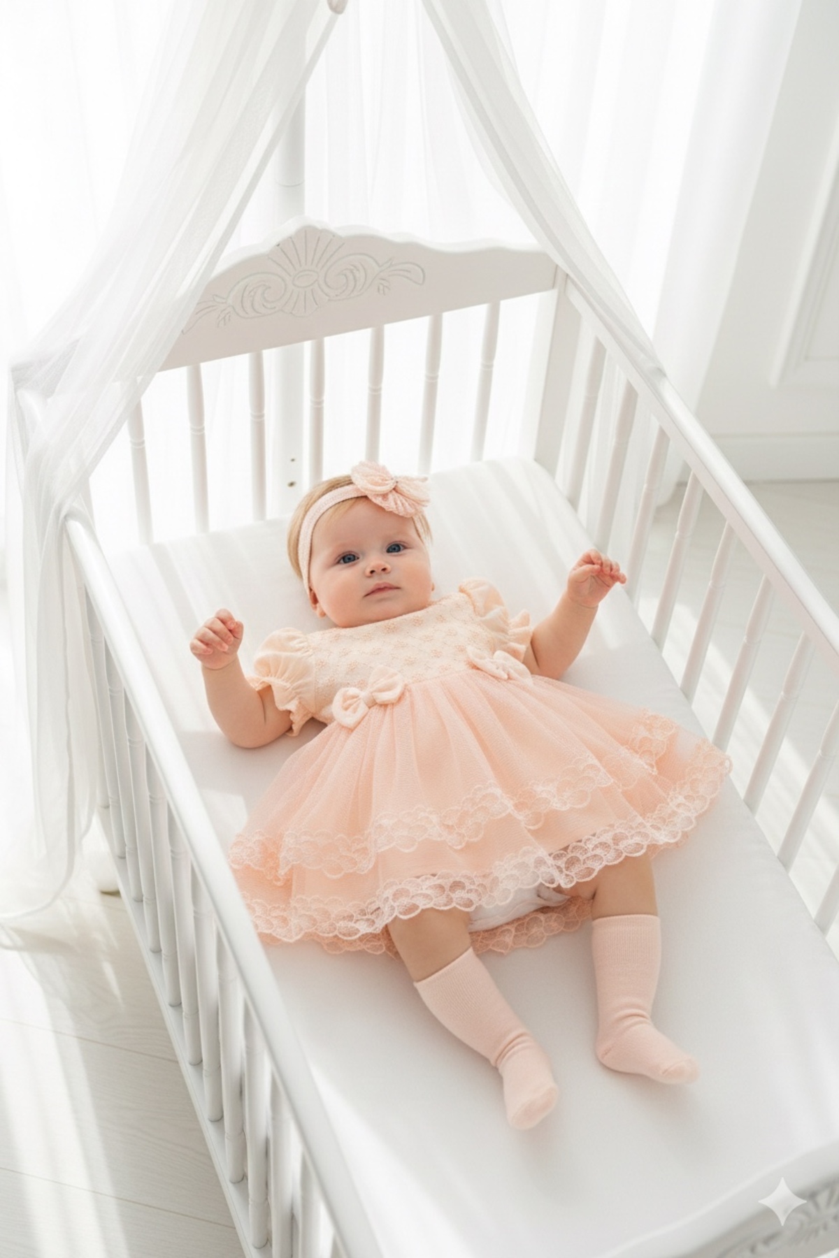 Miniday Baby Kız Bebek Mevlütlük Elbise Yazlık Bandanalı Dantelli Yeni doğan Hastane çıkışı Gelinlik Abiye 4017