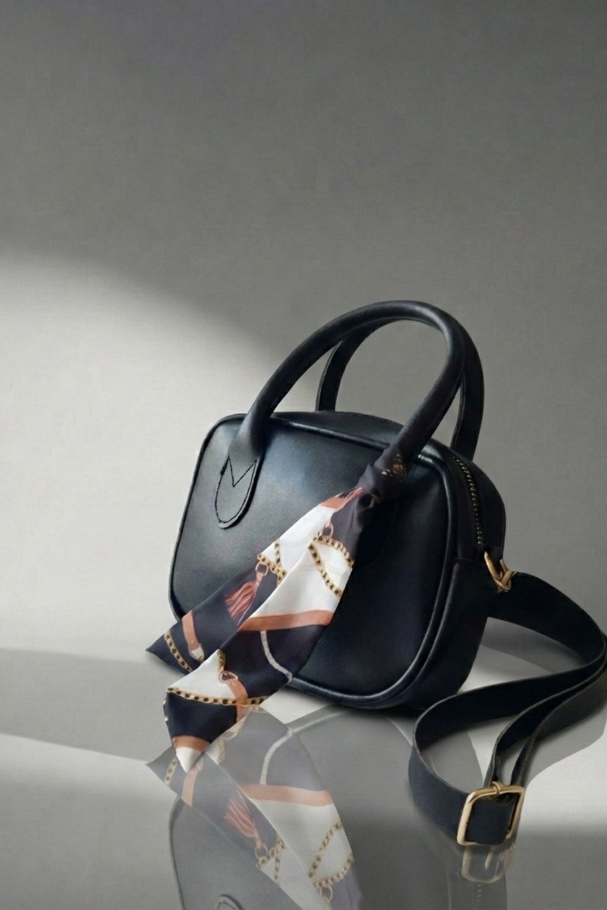 Black Leather Mini Trend Women's Hand and Shoulder Bag with Scarf Detail – Elegance Always With You