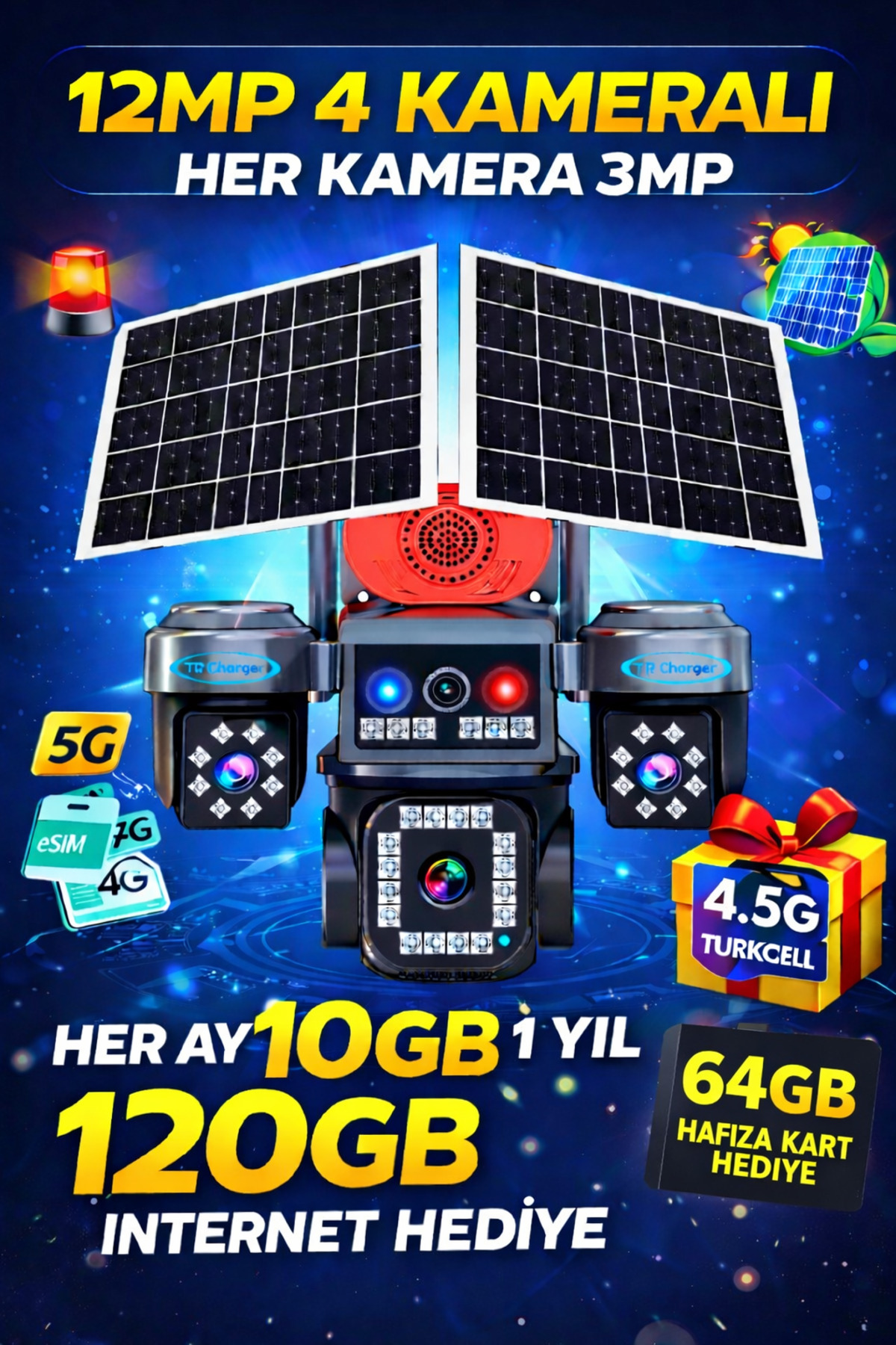 Solar Security Camera with 12MP 4 Cameras | 24/7 Recording | 1 Year Türkcell 10GB and 64GB SD Gift Every Month