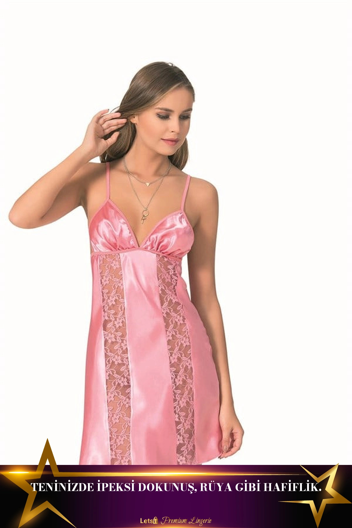 Letsii Kısa Saten Gecelik Tek Parça Model Pembe Renk