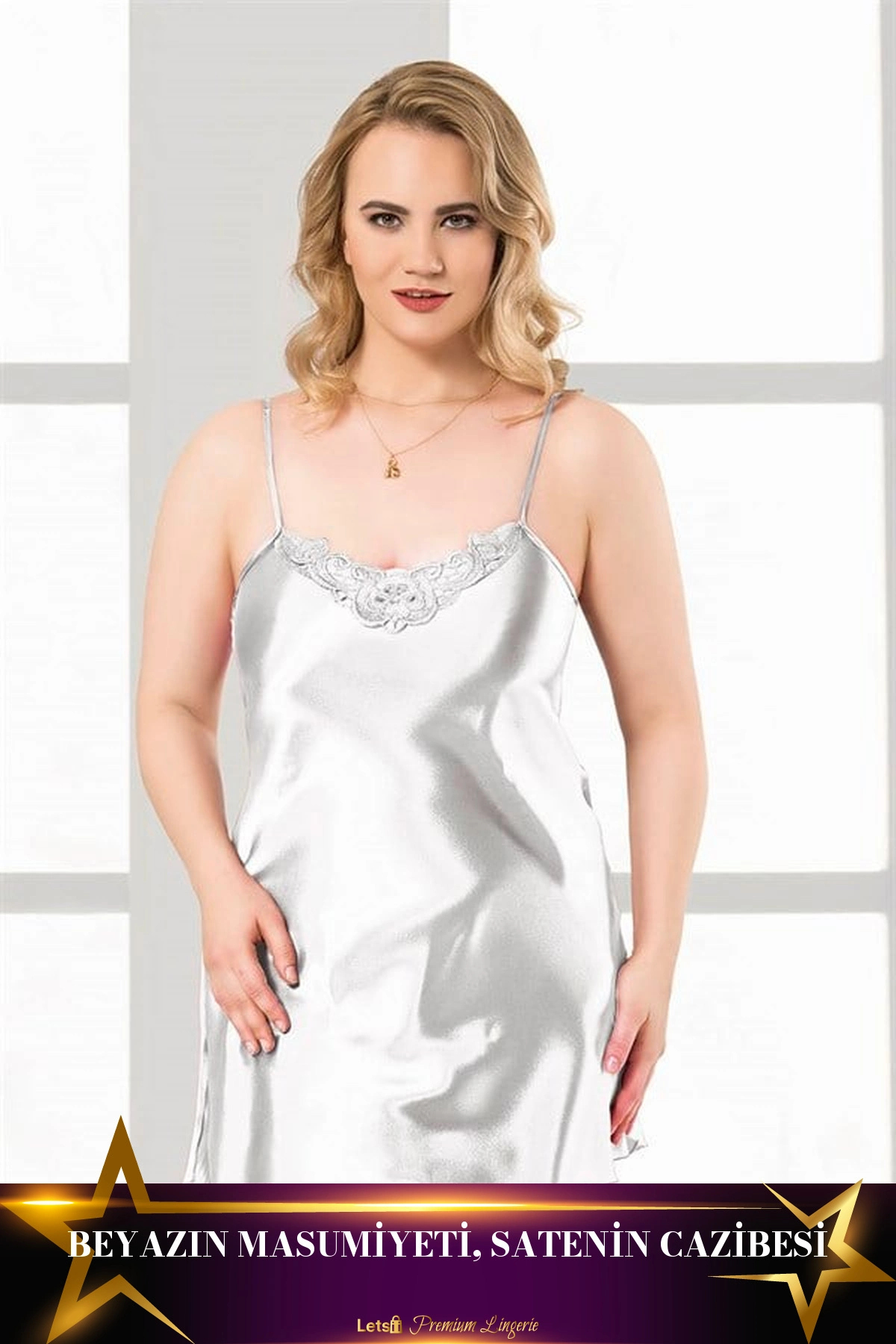 Letsii Büyük Kısa Saten Gecelik Beyaz Renk